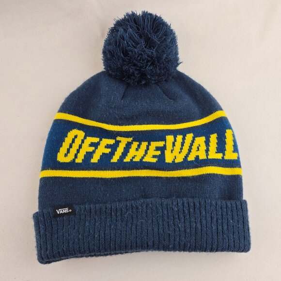 Vans Off The Wall Blue Yellow Pom Beanie Knit Winter Hat Skateboarding Toque - Picture 1 of 7